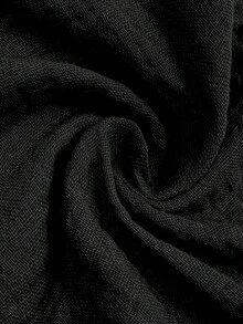 SHEIN CURVE+ 大尺碼女款優雅柔軟修身休閒純棉鈕扣開襟落肩泡泡袖V領翻領夏季中長洋裝黑色度假風 - 黑色 - 查看 7