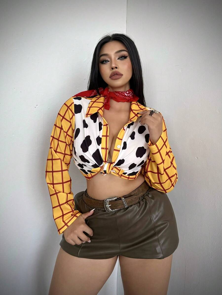 Whyspr Halloween Cosplay Plus Size Cow Print Shirt, Cute Plaid Patchwork Shirt, Slim Fit, Early Autumn Women's Halloween Costume Fall - Multicolor - View 1