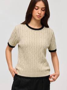 SHEIN Orluneo 新款休闲宽松韩版圆领撞色纹理套头毛衣，女款，春秋季 - 卡其色 - 查看 4