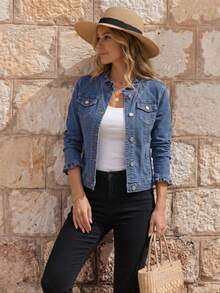 EMERY ROSE 女款丹寧夾克,蘑菇形邊緣,扣釦閉合式 - 中等水洗藍 - 查看 2