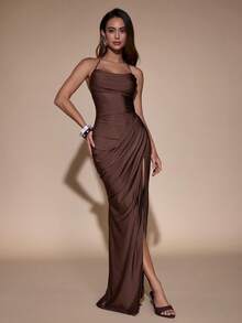 Glamine Brown Cowl Neck Halter Ruched Slit Maxi Dress,Outfit For Romantic Dinner And Birthday Party - Coffee - View 4
