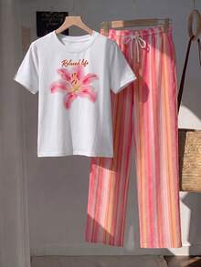 Comfortcana 2pcs/Set Embroidered Round Neck Short Sleeve Top And Striped Print Pants, Casual - Pink - View 5