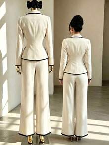 GlowEve Setelan Jas Wanita 2 Potong dengan Kancing Mutiara Imitasi Warna Hitam Putih Kontras dan Celana Panjang Bertekstur, Cocok untuk Kantor, Semi Formal, Kasual Musim Panas, dan Elegan. - Aprikot - View 2