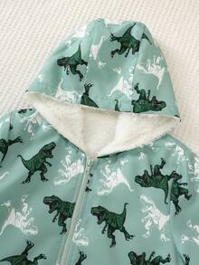SHEIN Kids Young Boy Casual Daily Comfortable Dinosaur Pattern, Thermal Lined Thick Hooded Zip-Up Winter Jacket - Green - View 3
