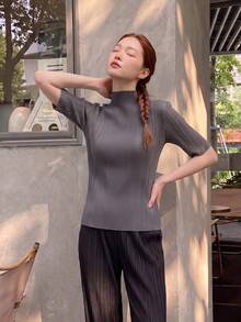 Zaforene Women's Striped Casual Minimalist Versatile Daily Wear Shirt Office Light Grey Summer - Light Grey - View 4