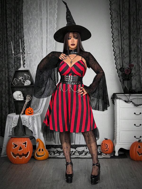 Whyspr Halloween Grunge Punk Plus Size Women V-Neck Spaghetti Strap Vintage Red & Black Striped Slip Dress, Suitable For Halloween Party,