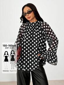SHEIN PETITE 女款圓點上衣，寬版荷葉邊袖口與蕾絲細節設計，優雅復古長袖上衣，適合秋季商務休閒穿著 - 黑與白 - 查看 6
