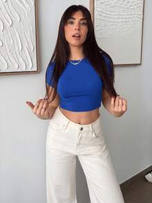 Hitanina 休闲简约百搭圆领短袖修身短款女式 T 恤，适合夏季套头衫 - 寶藍色 - 查看 4