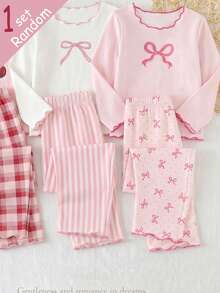 [Randomly Sent 1 Set]Baby Girl Spring/Autumn New Bowknot, Cherry, Striped Combination Print Knit Wavy Colorblock Ruffle Trim Long Sleeve Long Pants 2-Piece Set Loungewear 1Sets - Multicolor - View 4