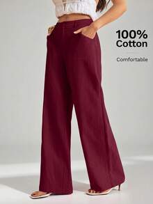 SHEIN Tall 100%水洗棉低腰直筒長褲 - 酒紅色 - 查看 3