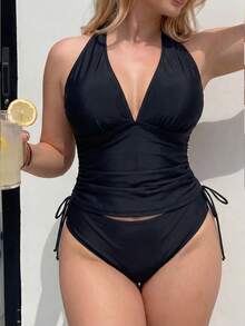 Swim Vcay 大尺碼女款兩件式隨機豹紋優雅休閒沙灘泳池背心式泳衣 - 黑色 - 查看 3