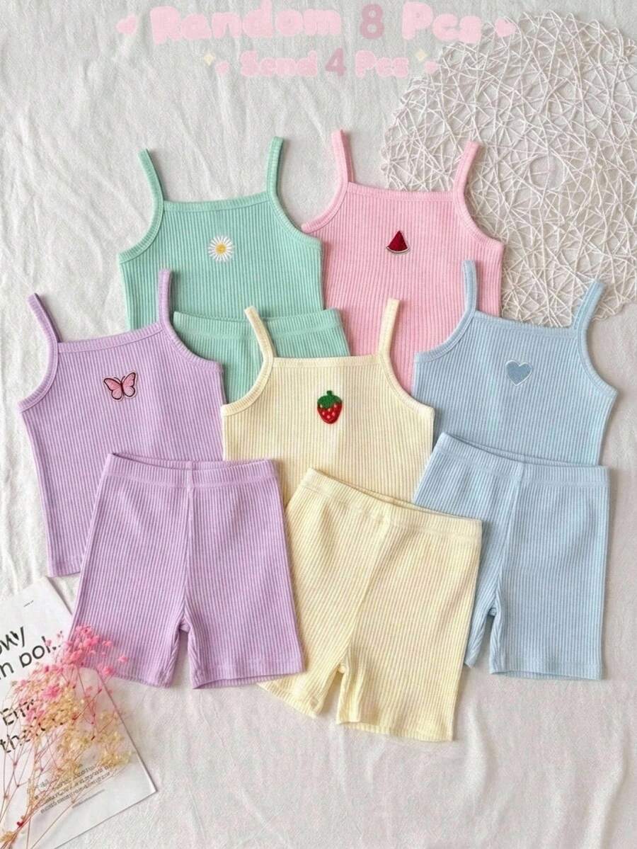 SHEIN 女童春夏多色牛仔細肩帶背心短褲內著套裝 2件組，2套，四季適用 - 彩色 - 查看 1