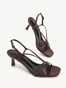 CUCCOO CHICEST Dark Brown Patent Leather Thin Strap Square Toe High-Heeled Sandals, Retro Temperament Buckle High-Heeled Open-Toed Women's Shoes - Brown - View 4