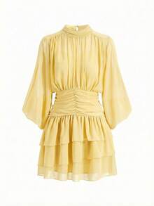 Ellevyn Women's Elegant Batwing Sleeve Ruffle Romantic Dress, Suitable For Dates Brunch Tea Party And Occasions, Autumn High-End Chiffon Yellow Dress - Yellow - View 6