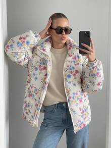 DAZY Women's Floral Print Long Sleeve Zipper Front Loose Winter Jacket - White - View 2