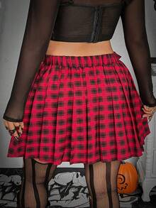 Whyspr Halloween Plus Size Punk Plaid Asymmetrical Pleated Skirt With Webbing Patchwork Shorts - Red - View 2