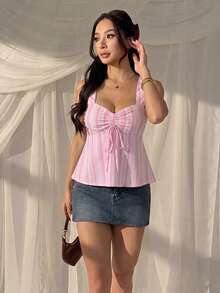 CovetEZ 粉色條紋休閒可愛女款抽繩細肩帶背心，適合外出度假、夏季極簡日常百搭、派對聚會、機場穿搭 Y2K 風格 - 彩色 - 查看 4