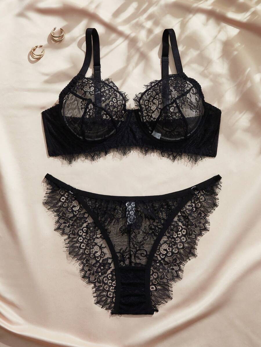 Charlaine Plus Size Women's French Bra Set, Eyelash Lace Sexy Lingerie Set, 2 Pieces - Black - View 1