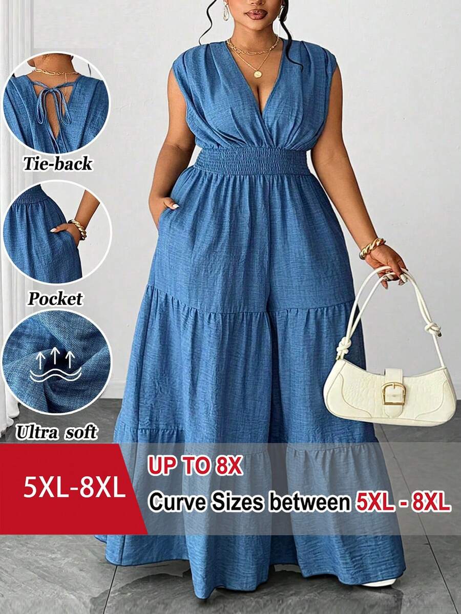 SHEIN CURVE+ 大码女士优雅仿牛仔褶皱交叉腰部设计,配有抽绳、蝴蝶结后背和层叠荷叶边下摆,百搭款式,适合派对、约会、度假、海滩、音乐节等场合,时尚连体裤 - 藍色 - 查看 1