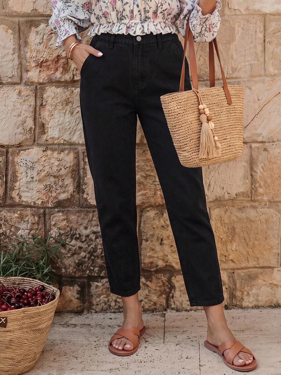 EMERY ROSE Jeans casuales de primavera para mujer, ajuste de mamá, unicolor - Negro - Ver 1