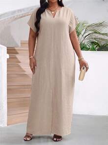 SHEIN Lady Solid Color Notch V-Neck Versatile Dress For Middle-Aged And Elderly Women - Camel - View 5