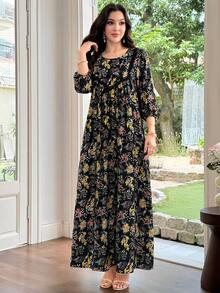 Al Najma 女款印花圓領蕾絲飾邊拼接喇叭裙 - 黑色 - 查看 4