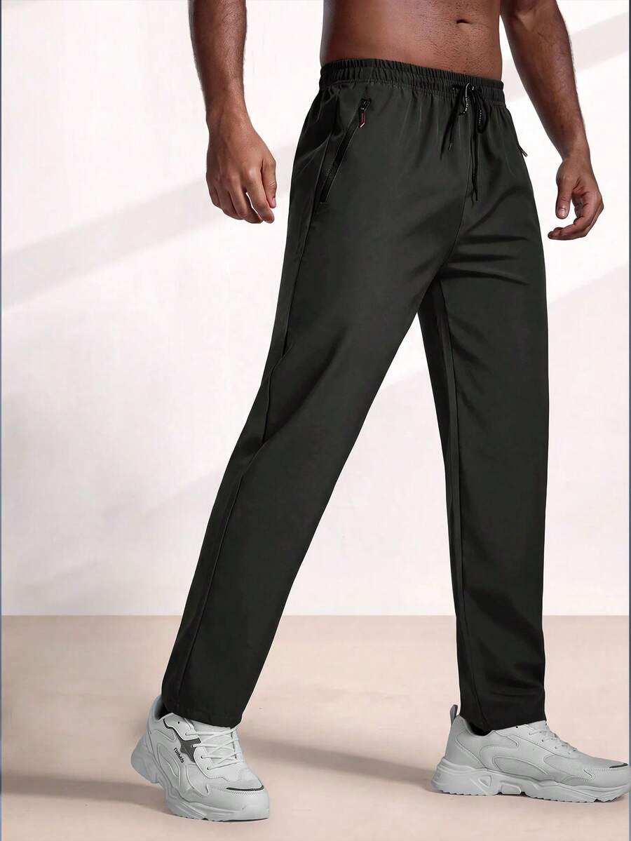 Driftmere Men's Cool Zipper Pocket Drawstring Waist Long Pants, Fall Joggers - Ebony - View 1