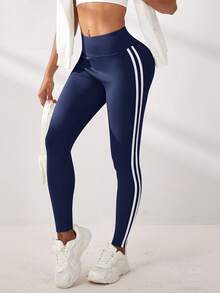 SHEIN Sports 女款侧条纹收腹运动紧身裤瑜伽裤 - 藏蓝色 - 查看 5