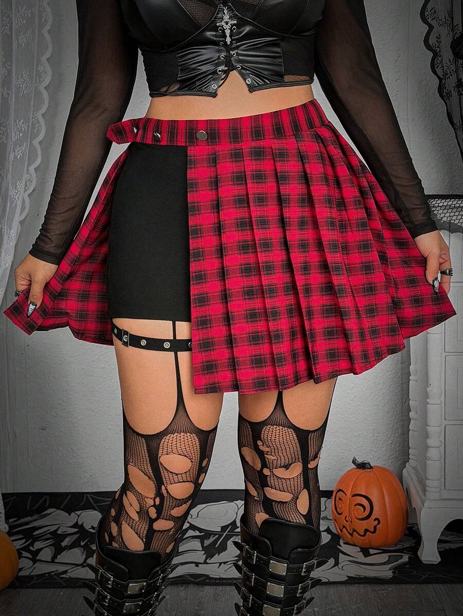 Whyspr Halloween Plus Size Punk Plaid Asymmetrical Pleated Skirt With Webbing Patchwork Shorts - Red - View 1