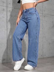 SHEIN PETITE 女款純色休閒丹寧牛仔褲 學校風 水藍色 夏季 小碼女款 - 中等水洗藍 - 查看 5