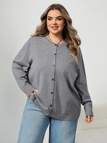 SHEIN CURVE+ 素色休閒寬鬆柔軟優雅版型長袖大尺碼針織開襟衫，秋季辦公正式居家約會商務灰色冬季款 - 深灰色 - 查看 6