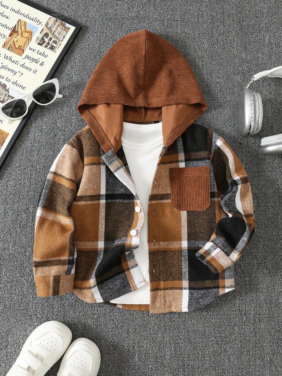 SHEIN 男童連帽格紋襯衫,棕色與白色格紋休閒襯衫外套 - 棕色 - 查看 1