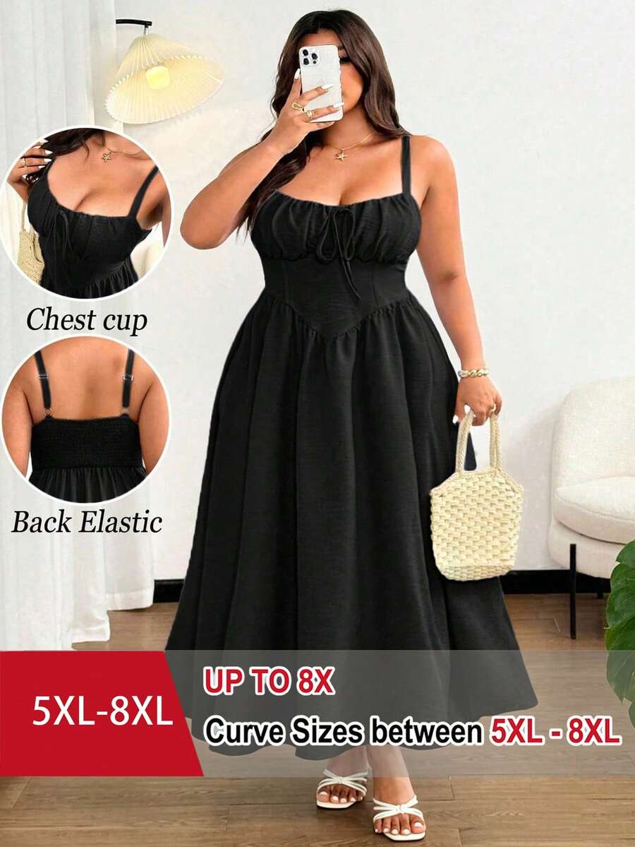 SHEIN CURVE+ 大码女士优雅纯色前系蝴蝶结吊带长款沙滩连衣裙,适合海滩、度假、派对、约会、音乐节、春夏穿着,百搭设计 - 黑色 - 查看 1