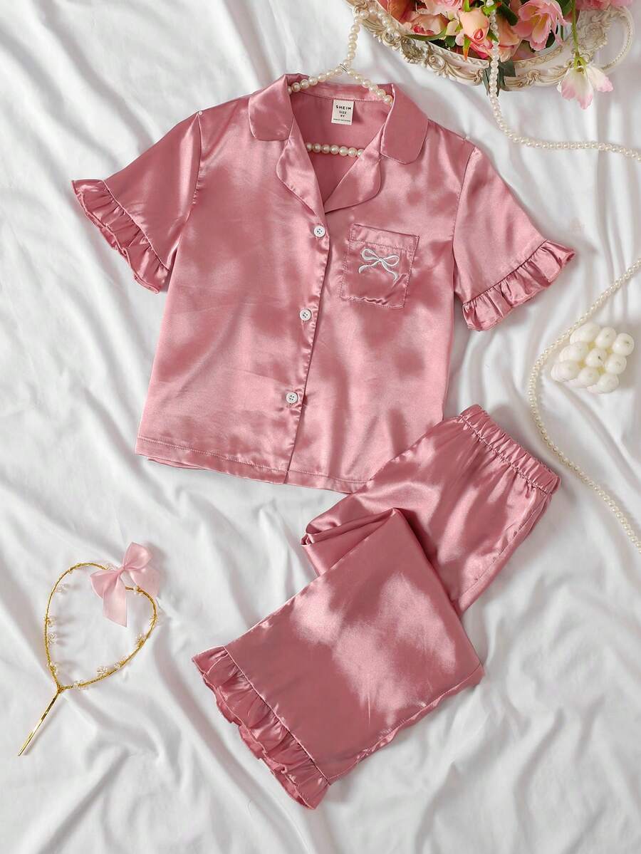SHEIN 女童休閒日常舒適印花翻領居家服套裝,緞面布料 - 粉色 - 查看 1