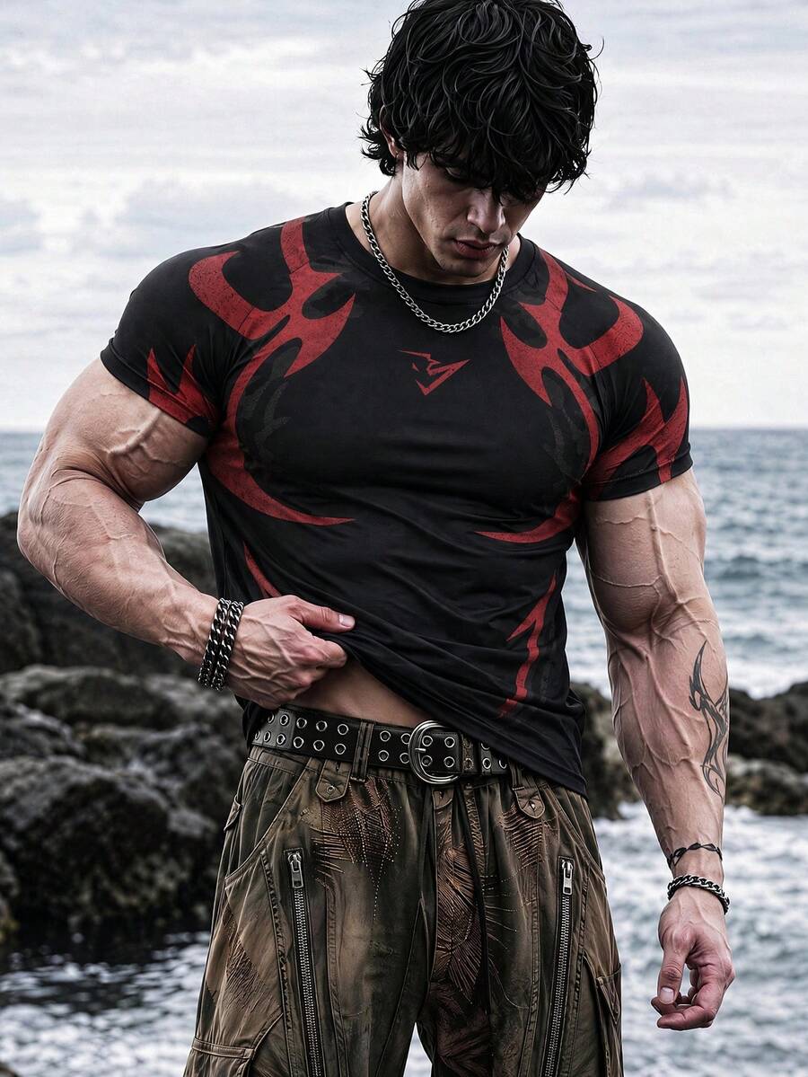 Ironwick 男士休閒印花拼接色圓領短袖運動T恤 - 彩色 - 查看 1