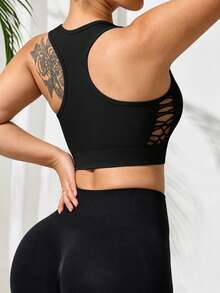 SHEIN Velisys Seamless Plus Size Hollow Out Sports Tank Top - Black - View 2