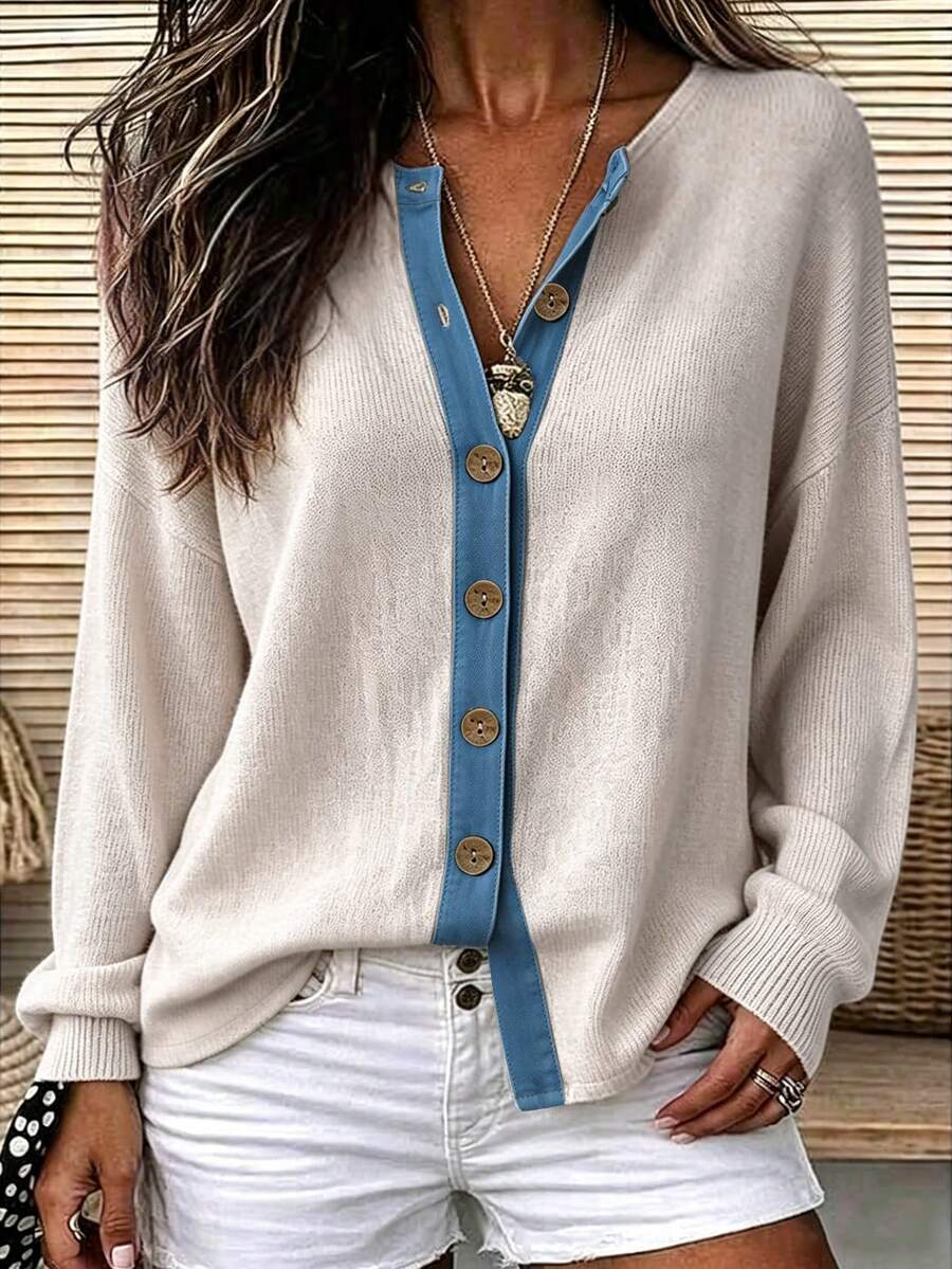 Balvessa Women's Colorblock Drop Shoulder Long Sleeve Casual Knit Thin Cardigan Travel Blue And White Stripe Autumn - Khaki - View 1