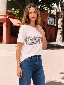 Dayvera Women's Faux Embroidery Print Casual Summer T-Shirt,Going Out Tops,White Top - White - View 9