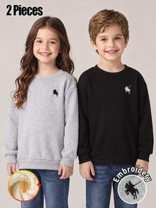 Elladie kids 2件組中性女童純色馬刺繡長袖衛衣，精緻刺繡圓領上衣，適合冬季校園、日常、開學、度假、外出等多用途穿著 - 彩色 - 查看 6