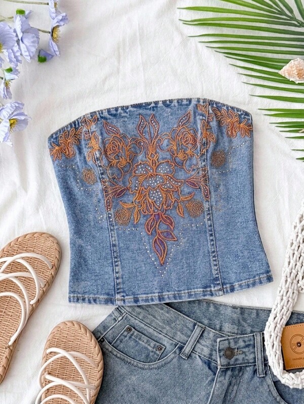 Soleia Women's Floral Embroidered Pattern Casual Sexy Daily Wear Bandeau Denim Top Vacation Outfits Women Summer Tops Holiday Club Blue And Orange