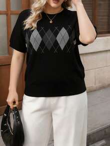 Lacomfia Sweater Pullover Kasual Harian Wanita Ukuran Besar dengan Motif Geometris - Grey - View 3