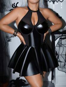AltCore 1pc Plus Size Fashion Pioneer Sexy Punk Mesh & PU Leather Patchwork Bodycon Dress - Black - View 5