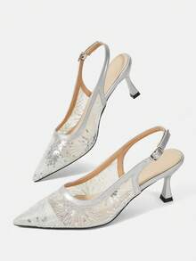 CUCCOO HITCHD Ladies Spring And Summer New Silver Fairy Mesh Sequins Pointed High Heels Shoes Slingback Buckle Design Gentle Style Dating High Heels Fall Shoes - Silver - View 7