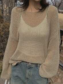 DAZY Women's Solid Color Loose Long Sleeve Crew Neck Thin Knit Sweater, Casual Vacation Spring/Autumn - Apricot - View 6