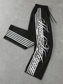 ROMWE MEN Street Life 男士休閒寬鬆側條紋抽繩腰運動長褲 - 黑色 - 查看 1
