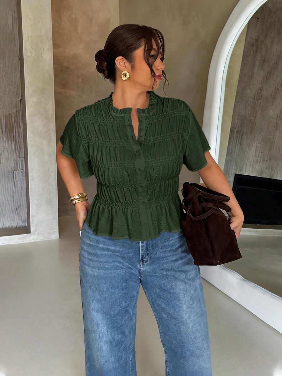 Firerie Camisa de Talla Grande Casual de Verano unicolor con Volantes - Verde - Ver 1