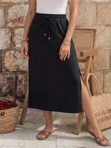 SHEIN Women's Elastic Waist A-Line Knee-Length Casual Skirt With Side Slits - Black - View 3