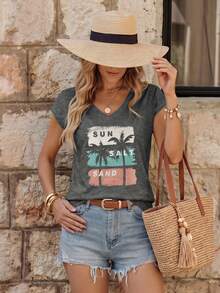 SHEIN LUNE Women's Summer Coconut Tree Printed Cross Print Sleeve Tee, Dark Grey Graphic Tees Women Tops - Dark Grey - View 3