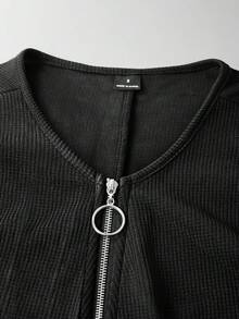 EMERY ROSE Women's Solid Color Zipper Half-Placket Long Sleeve Knit T-Shirt - Black - View 5