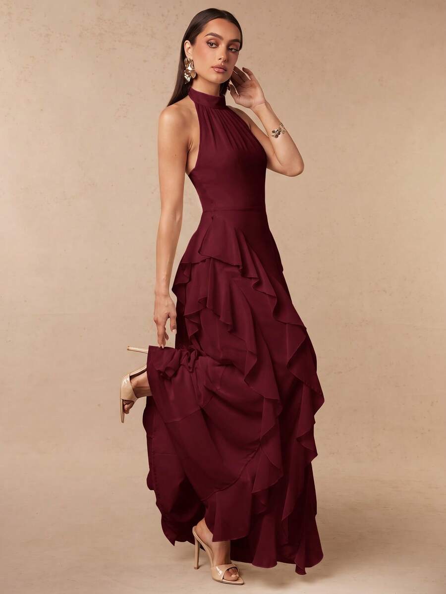 Silquee Women's Summer Elegant Solid Color Backless Halter Neck Ruffle Dress - Burgundy - View 1